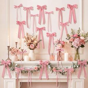 24 Pcs Pink Vintage Velvet Bows Ornaments, 5x10 Inch Luxury 3 Assorted Widths for Baby Shower Bridal Christmas Birthday Valentine's Day, Reusable Coquette Room Wall Backdrop Photo Decor