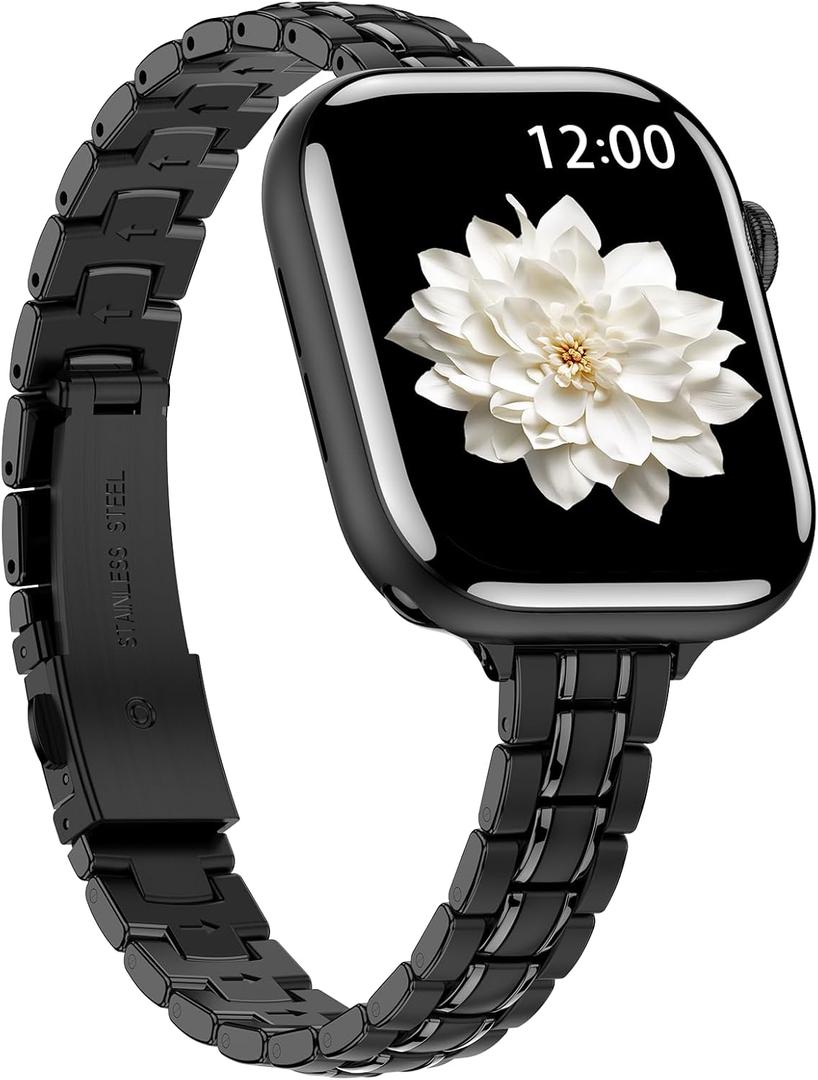 BAITEYOU Narrow Metal Band Compatible with Apple Watch Bands 38mm 40mm 41mm 42mm 44mm 45mm 46mm 49mm (Series 11 10 9 8 7 6 5 4 3 2 1 SE Ultra), Dressy Thin Stainless Steel iWatch Bands for Women (Black)