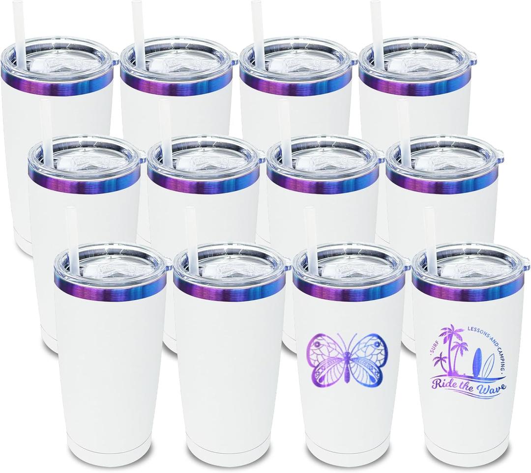 20 oz Tumbler Bulk 12 Pack Stainless Steel Tumblers with Lids and Straws, Double Wall Vacuum Insulated Travel Coffee Mug for Laser Engrave, Powder Coated Cups for Hot and Cold Drinks (White,12 pack) (White - Blue&Purple Plated)