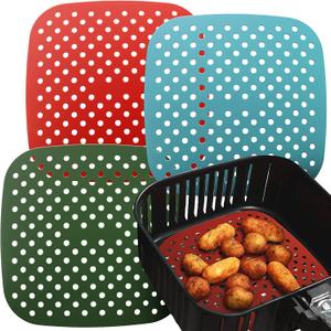 Reusable Square Silicone Air Fryer Liners (7.5 Inch, 3 Pack) by Lindas Essentials - Non-Stick, Easy-Clean Accessories with Cheat Sheet & Recipe Book, Perfect for Quick Meals