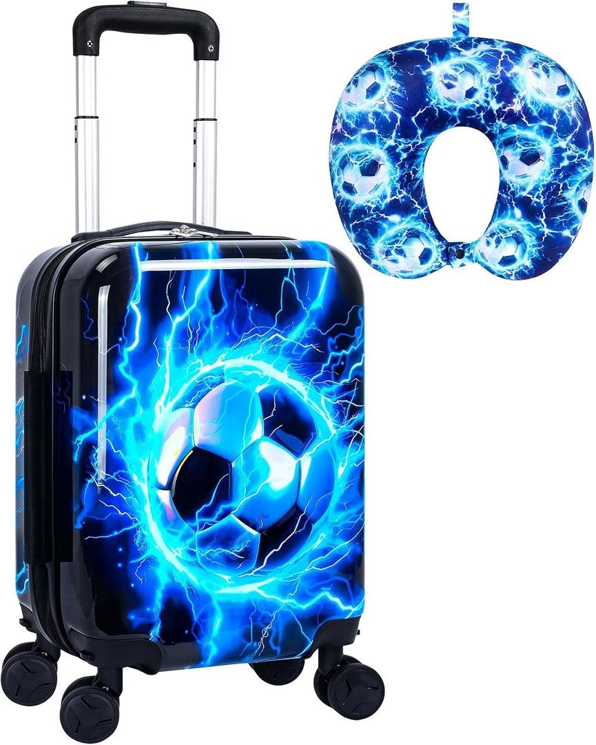 Lightweight Hardshell Spinner Kids Carry On Luggage Set 2PCS with Wheels - Airplane Approved Suitcase for Boys & Children Ages 3-10, Lightning Soccer Rolling Suitcases for Elementary Toddler Travel