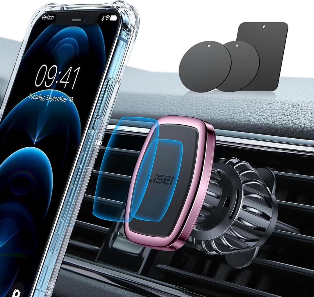 LISEN Magnetic Phone Holder for Car, [Easily Install] Car Phone Holder Mount [6 Strong Magnets] Cell Phone Holder for Car [Case Friendly] iPhone Car Holder Blue LV633 (Pink)