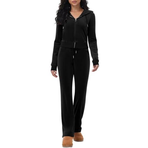 Womens Casual Two Piece Velour Outfits Long Sleeve Full Zipper Hoodie Workout Pants 2 Piece Velvet Fleece Tracksuit for Women Ladies Soft Sports Set with Pocket Solid Vacation Travel Loungewear, M
