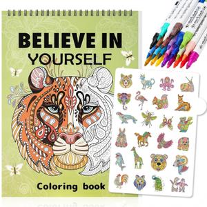 2 x Adult Coloring Book Set,24 Colors Markers with Spiral Bound Adult Coloring Book for Women to Relaxation,Mindfulness and Anxiety Relief(Animal)