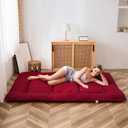MAXYOYO Japanese Floor Futon Mattress - Thicken Sleeping Pad, Foldable Roll Up Mattress Topper, Guest Floor Couch Mat, Burgundy, Queen