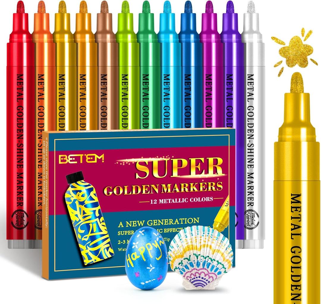 Betem Super Golden Metallic Paint Markers, 12 Colors Metallic Paint Pen Scrapbook Supplies, 2-3mm Medium Tips Glitter Markers for Black Paper, Rock Painting, Ceramic, Wood, Christmas Gifts DIY Crafts