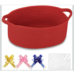 COMSE Small Woven Basket with Gift Bags and Ribbons, Gift Basket Empty, Cotton Rope Storage Organizer, Baby Toy Box with Handles, 12" x 8" x 5", Red (2 Pack)