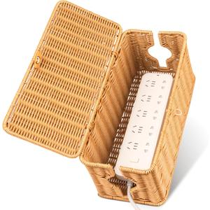 Cable Organzier Box, Handwoven Imitation Rattan Power Strip Cover Cable Management Box, 2 Open Slots Cord Organizer Cord Storage Basket for Computer Router USB Hub and Power Strip (Medium, Nature)