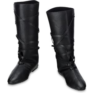 Blosssound Men's Medieval Halloween Boots Renaissance Cosplay Halloween Boots Black Faux Leather Lace Up Shoes (US 11)