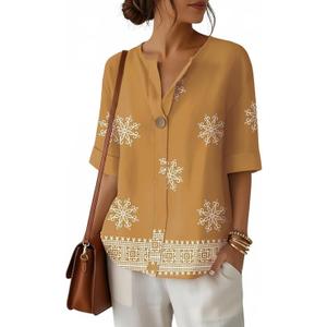 ETCYY NEW Summer Shirts for Women Button V Neck Blouses 2026 Short Sleeves Dressy Casual Tunic Tops (Beige, L)