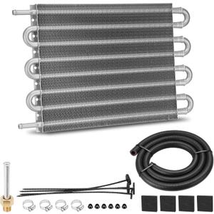 8 Pass Aluminium Transmission Oil Cooler, 5/16" Universal 8 Rows Tube amd Fin Cooler Kit engine with Hose Mounting, Silver
