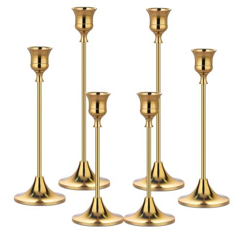 Metal Candle Holders for Candlesticks Taper Candlestick Holders Set Vintage Decorative Centerpiece Candelabra Tall Candle Stands (Gold, 2 Sets (6 pcs))