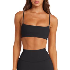 LASLULU Womens Adjustable Spaghetti Straps Sports Bra Square Neck Wireless Padded Workout Yoga Crop Tops (Black, S)