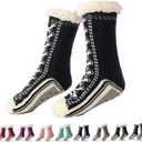 Slipper Socks Valentine for Women Men Couple, Fuzzy Cashmere Fleece Lined Socks, Ultra-Thick Warm Non-Slip Silicone Grips for Indoor Home, Cozy Winter (Black)