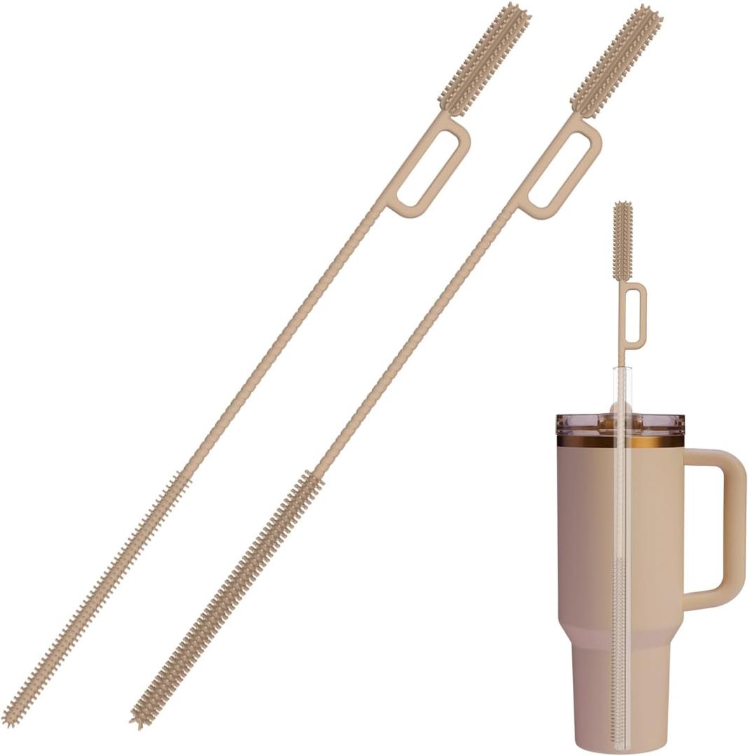 2 x vodvob 2Pcs Premium Silicone Straw Cleaner Brush, 9.84in Extra Long Flexible Straw Cleaning Tool for Glass & Smoothie Straws (Pink, 6mm/9mm) (Double-headed - Brown)