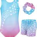 JiAmy Girls Gymnastics Leotards, Glitter Ballet Dance Unitards Biketards Activewear with Short & Hairband for Kids 8-9