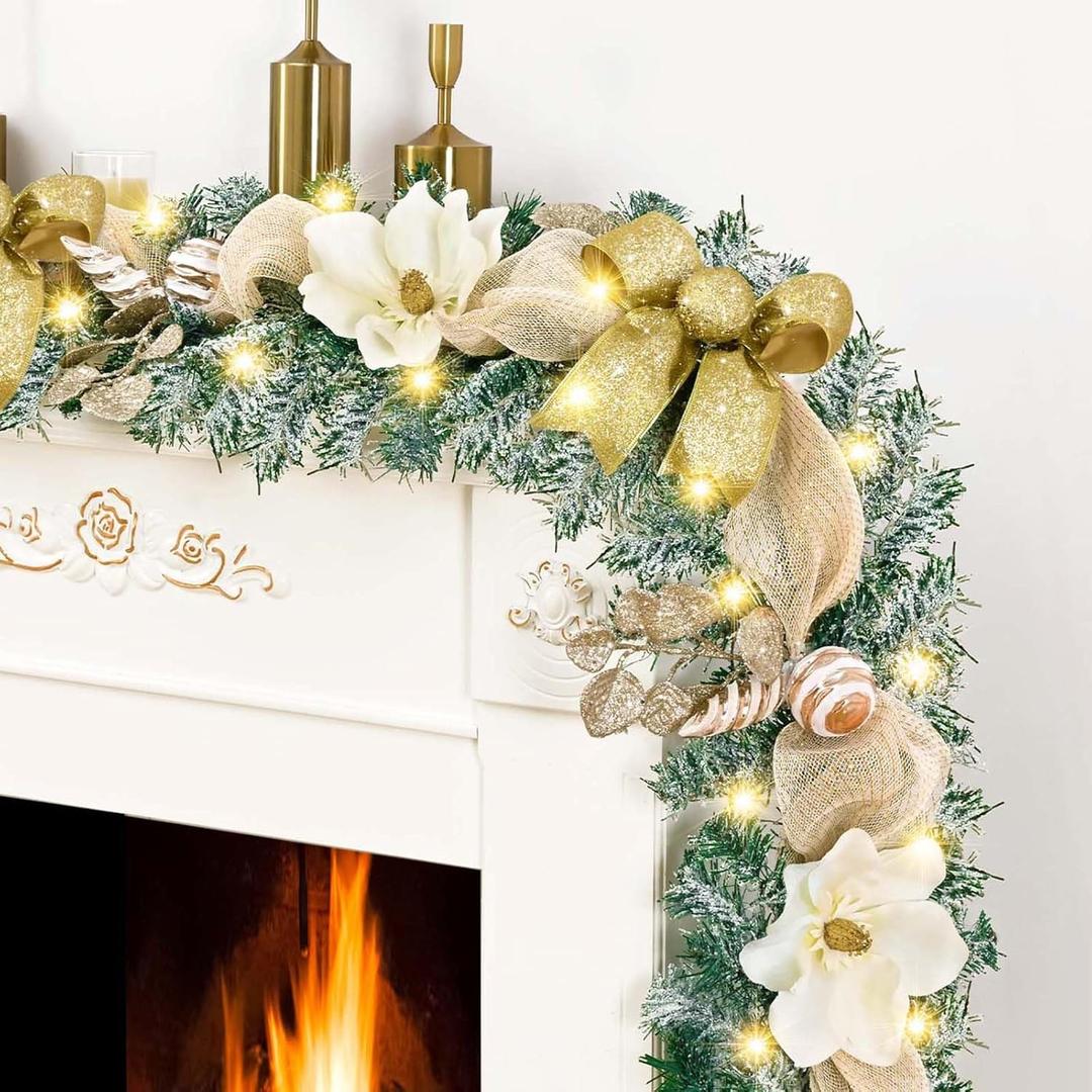 Christmas Garland Decorations, 5.9 FT Luxury Christmas Garland for Mantle, Christmas Flocked Garland with Gold Bows Ribbons Magnolia for Front Door Fireplace Table Home Decor (1 pack)