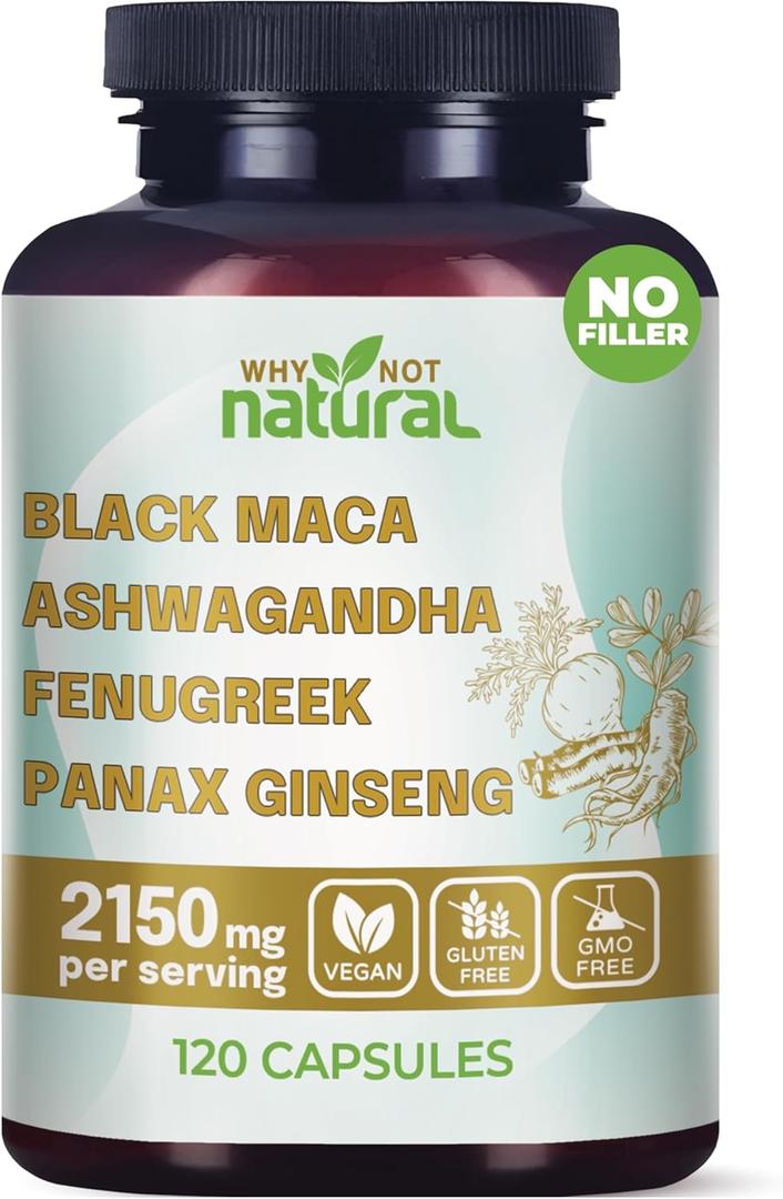 Why Not Natural 4-in-1 Organic Black Maca Root, Ashwagandha, Fenugreek, Panax Ginseng Capsules, Supplement for Men and Women, BBD 03/2028