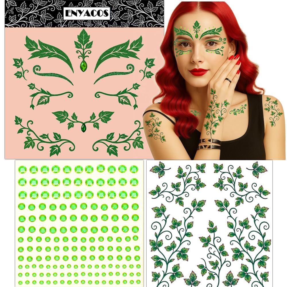 ENYACOS Ivy Face Sticker Set with Face Paint Temporary Tattoos and Green White Face Gems, Glitter Ivy Accessories for Halloween Costume, Cosplay Festival Makeup for Women Girls (A)