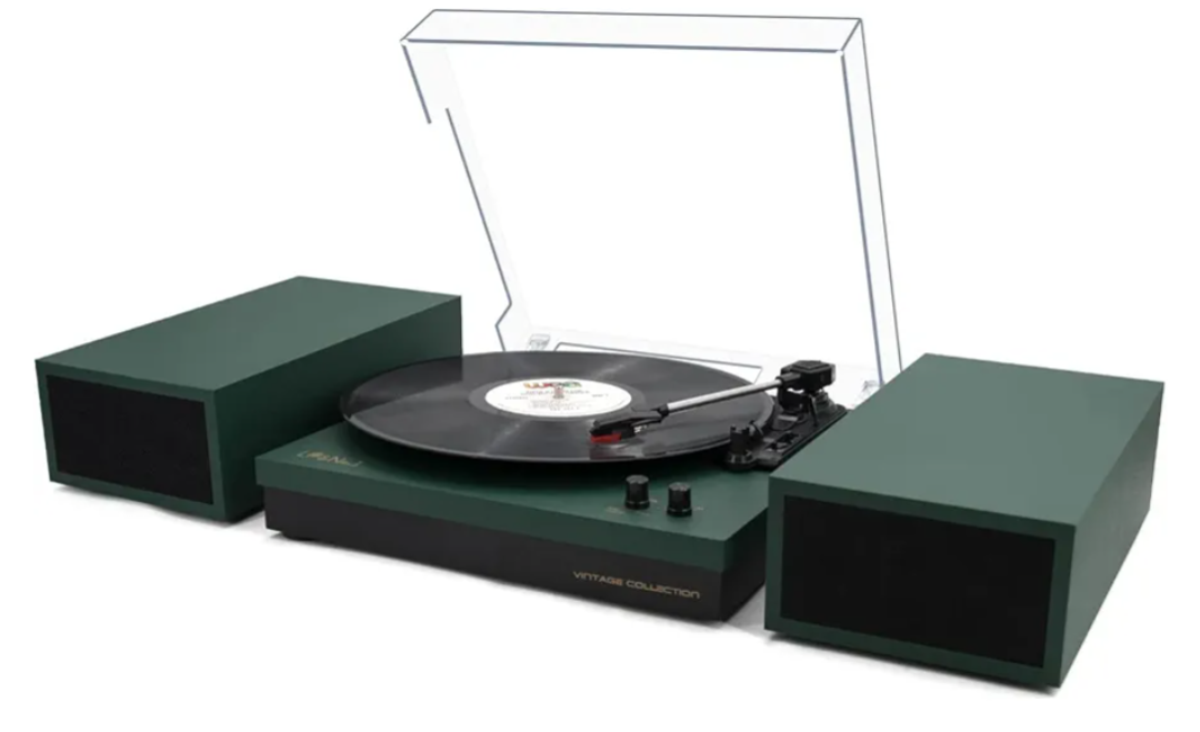 LP&No.1 Record Player with Stereo Bookshelf Speakers, Vintage 3-Speed Belt Drive Turntable, Wireless Input, RCA Output, Auto Stop Function | Dark Green