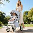 Baby Stroller, 2-in-1 Reversible Toddler Seat with Snack Tray, Foldable Infant Stroller with Canopy, One Button Brake, Adjustable Handle, Newborn Pushchair (Grey)