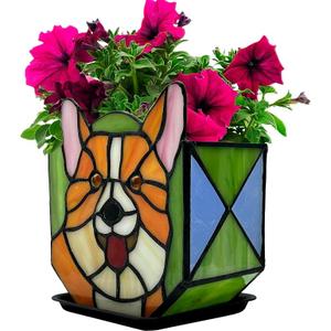 Corgi Planter - Cute Stained Glass Dog Flower Pots, Plant Pot with Drainage, Succulent Planters, Corgi Gifts, Christmas Decorations