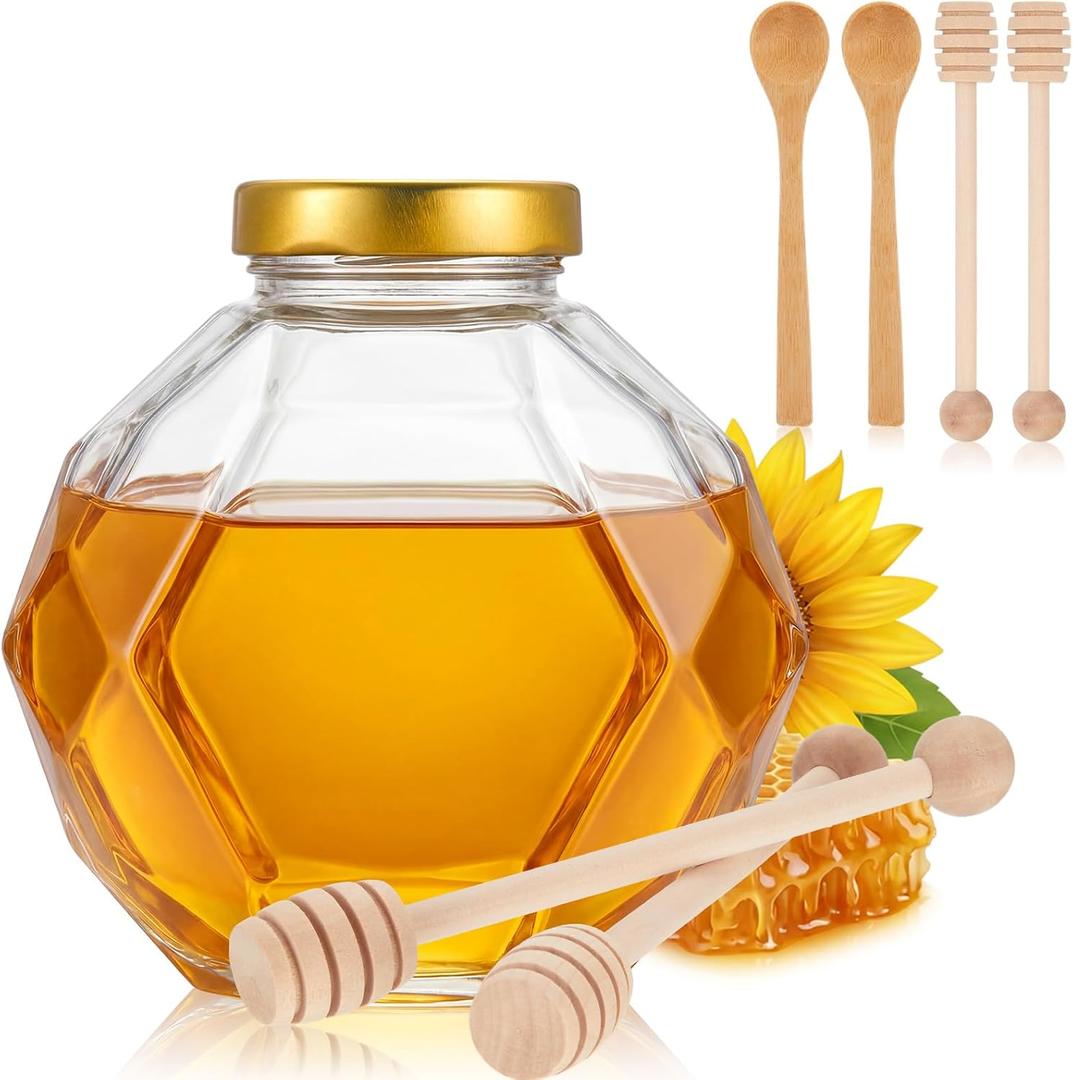 24 oz Honey Pot with Dipper Spoon and Metal Lid, Glass Honey Container Dispenser Mason Jar for Kitchen Syrup Storage, Take Home Gift and Bee Decorations