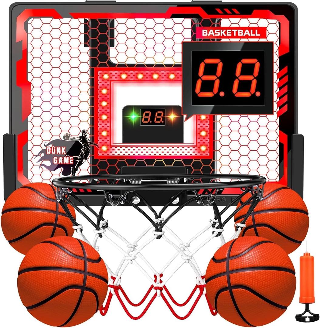 Indoor Basketball Hoop Pro for Kids, Over The Door Basketball Hoop Indoor with LED Light/Scoreboard/4 Balls- Upgraded Anti-Impact Backboard, Basketball Toys Gifts for 6 7 8 9 10 11 12 Year Old Boys