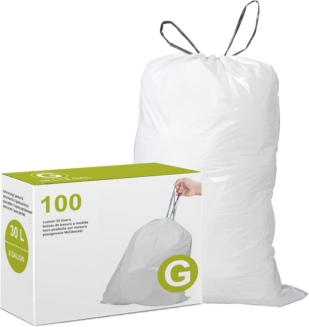 Code G Drawstring Trash Bags Compatible with simplehuman Code G | 8 Gallon 30L | 100 Count | 1.2 Mil | Heavy Duty White Custom Fit Garbage Liners (Pack of 1)