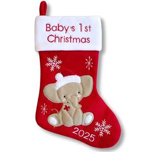 Heart's Sign Babys First Christmas Stocking 2025 - Elephant Design (Red) Xmas Decor | My First Christmas Decor Ornament 2025 (Red)