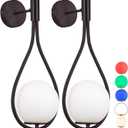 Pack Wall Sconces/Wall Lights, Not Hardwired Brass Gold -White Glass Globe Wall Lamps, Wireless Light Fixture for Bedroom, Living Room, Bathroom, Hallway (Black)