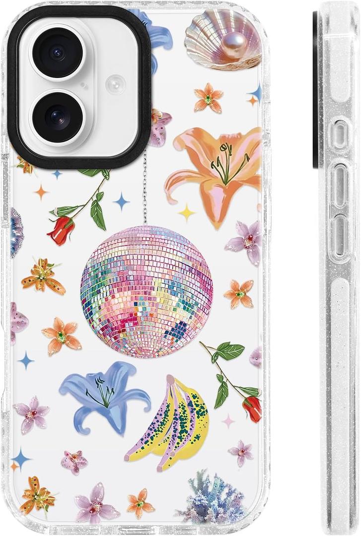 for iPhone 16 Case [Military-Grade Drop Protection/Whimsical Soft TPU Protective/Camera Protection/for Women & Girls]-Glam Disco Floral Collage Art
