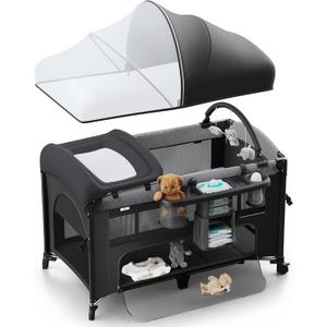 4 in 1 Baby Bassinet, Pack and Play, Bedside Crib Sleeper, Diaper Changer - Comes with Mattress, Mosquito NetBottom Storage and Toy Bar for Newborn to Toddles (Black)