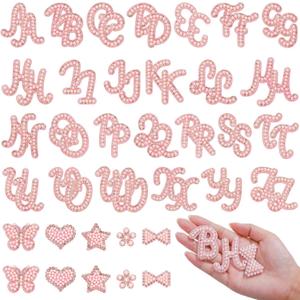 62Pcs Self Adhesive Pearl Letter Patches (A-Z) Star Butterfly Heart Bowknot Flower Glitter Pearl Letter Patches Rhinestone Applique for DIY Clothes, Bags, Shoes Pink