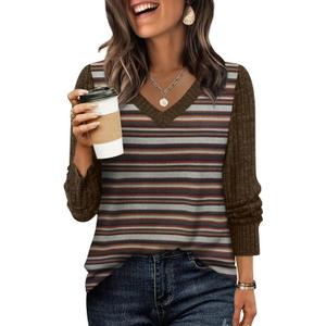 WIHOLL Sleeve Patchwork Shirts for Women Loose Fit V Neck Fall Outfits 2025 Trendy Sweaters Casual Tunic Tops (S)