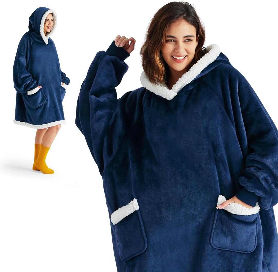 Bedsure Blanket Hoodie, Wearable Blanket for Adults & Kids as Gifts for Women Men, Mothers Day Hoodie Gifts for Mom Birthday, Navy, Small