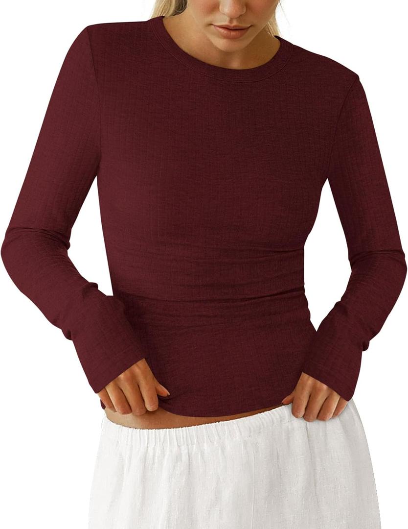 PRETTYGARDEN Womens Long Sleeve Shirts 2026 Ribbed Knit Slim Fitted Basic Tee Casual Going Out Tops Underscrubs Fall Clothing (M)