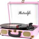Vinyl Record Player 3-Speed Bluetooth Suitcase Portable Belt-Driven Record Player with Built-in Speakers RCA Line Out AUX in Headphone Jack Vintage Turntable Pink