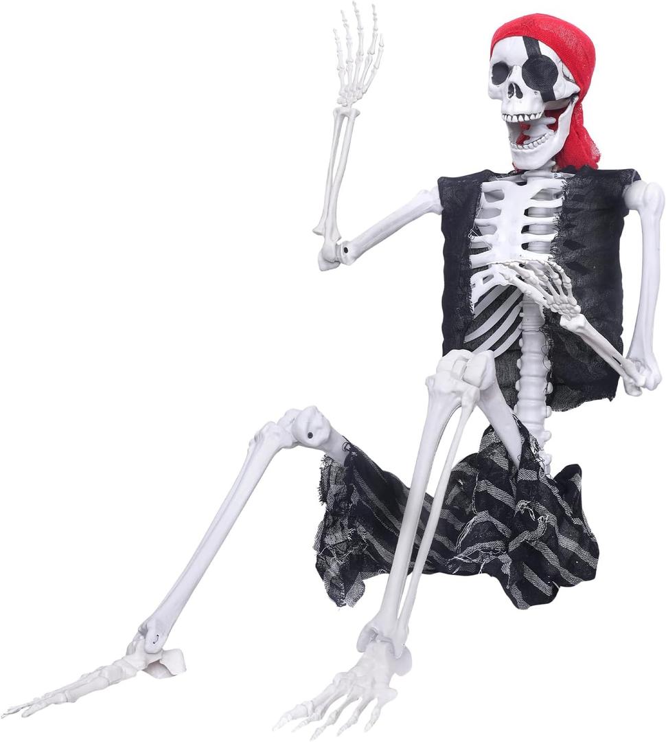 5.4Ft Halloween Skeleton Life Size Pirate Skeleton Creepy Posable Skeleton Realistic Human Full Body Skeleton with Movable Joints for Halloween Decorations (Grey, 5.4ft) (Gray)