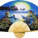 Nautical Decor Folding Wall Fan Hand-Painted Beach Theme Artwork (60 inch wide, Striking Dolphins)