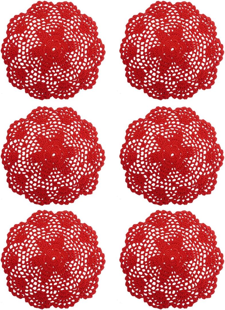 Ouyatoyu 6pcs 8" Doilies Cloth Lace Crochet Doilies Place Mats for Kitchen Round Handmade Cotton Placemats for Glass Bowl Dish Dining Table Red Color