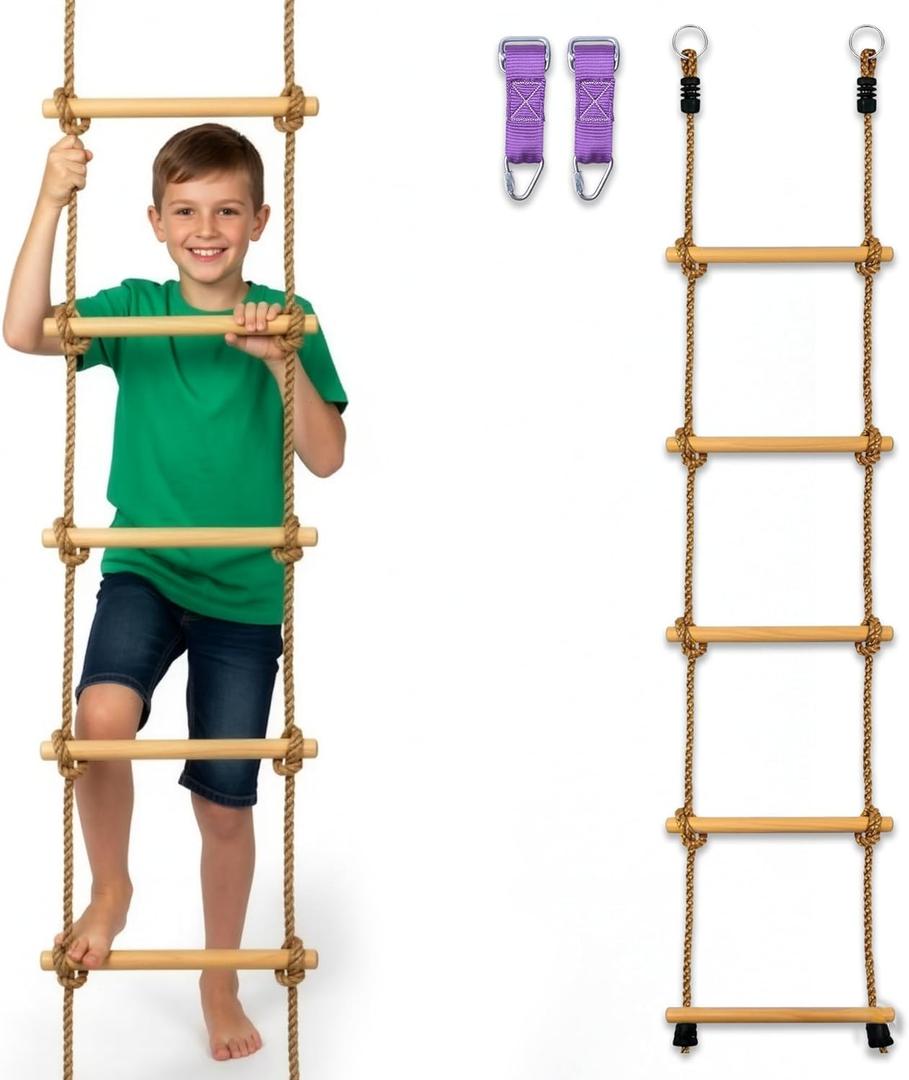 Trailblaze Wooden Rope Ladder for Kids  6ft Outdoor Climbing Ladder with Real Wood Rungs, Heavy-Duty Rope & 2 Carabiners  Treehouse, Swing Set, Ninja Course & Playground Accessory