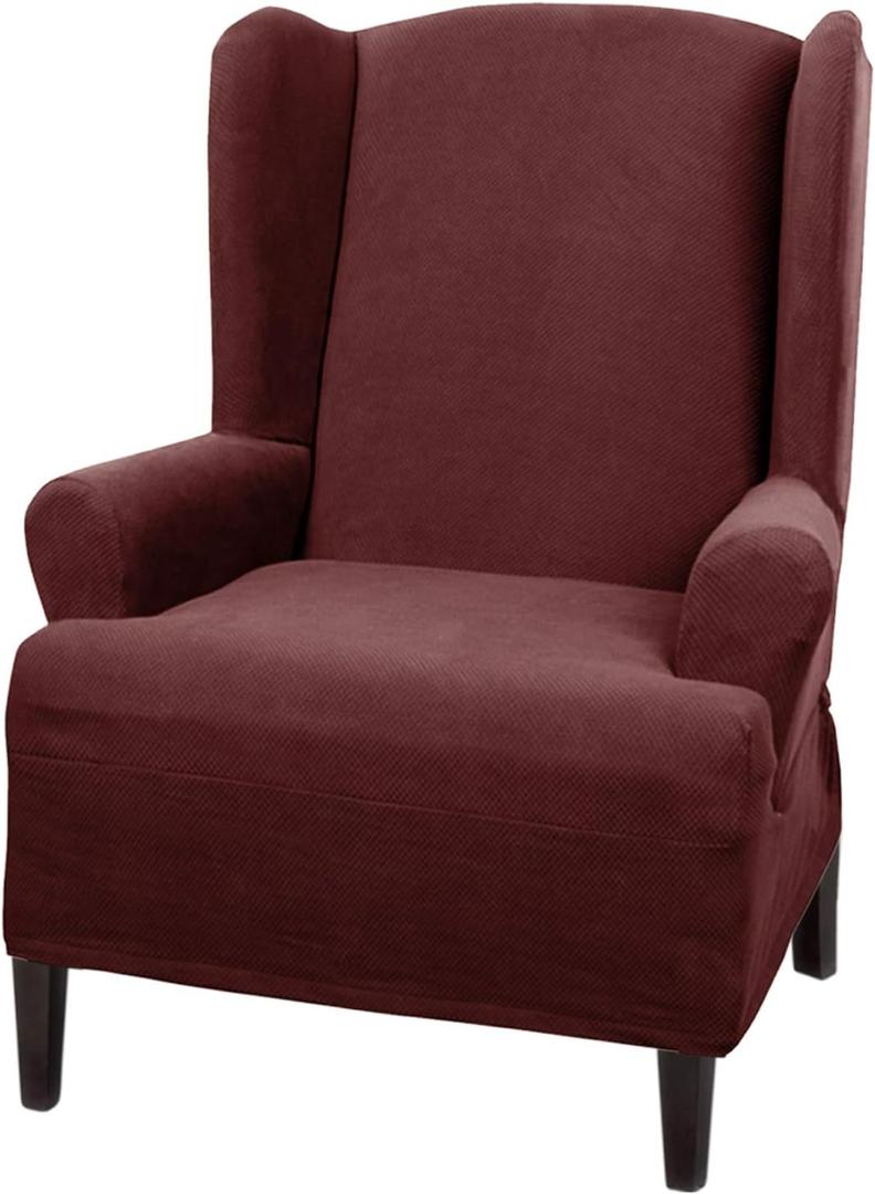 Maytex Pixel Ultra Soft Stretch Back Arm Furniture Cover Wine Red Slipcover, 1-Piece Wing Chair