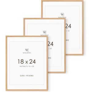 18x24 Poster Frame, 18x24 Solid Oak Picture Frames Matted to 16x20, 24x18 Natural Wooden Frame Horizontal or Vertical Wall Mounting, Set of 3