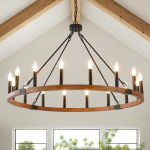 HHR 40 Inch Wagon Wheel Chandelier, 16-Light Solid Wood Farmhouse Chandelier for Dining Room, Rustic Wooden Light Fixture for Foyer, Living Room, Entryway