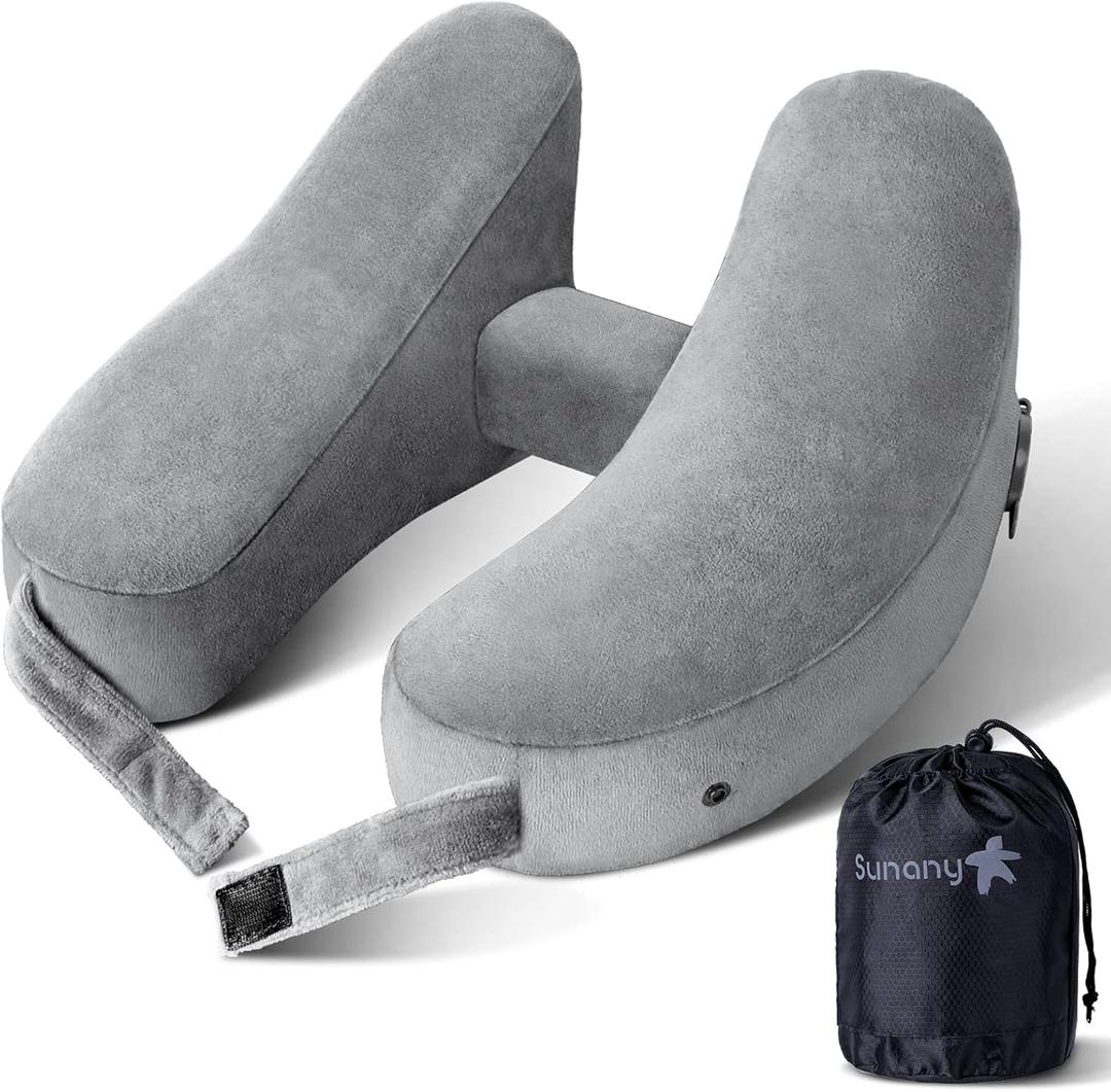 Sunany Neck Pillow for Travel Inflatable Airplane Pillow Comfortably Supports Head, Neck and Chin, Inflatable Travel Pillow with Soft Velour Cover and Portable Drawstring Bag (Grey) (Standard (No Hat))