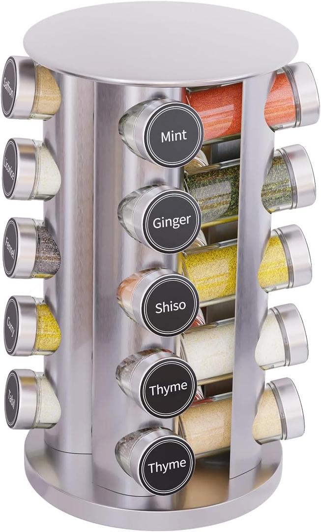 New England Stories Revolving Spice Rack Set with 20 Spice Jars, Kitchen Spice Tower Organizer for Countertop or Cabinet - Carousel Storage Includes 386 Spice Labels (Silver)