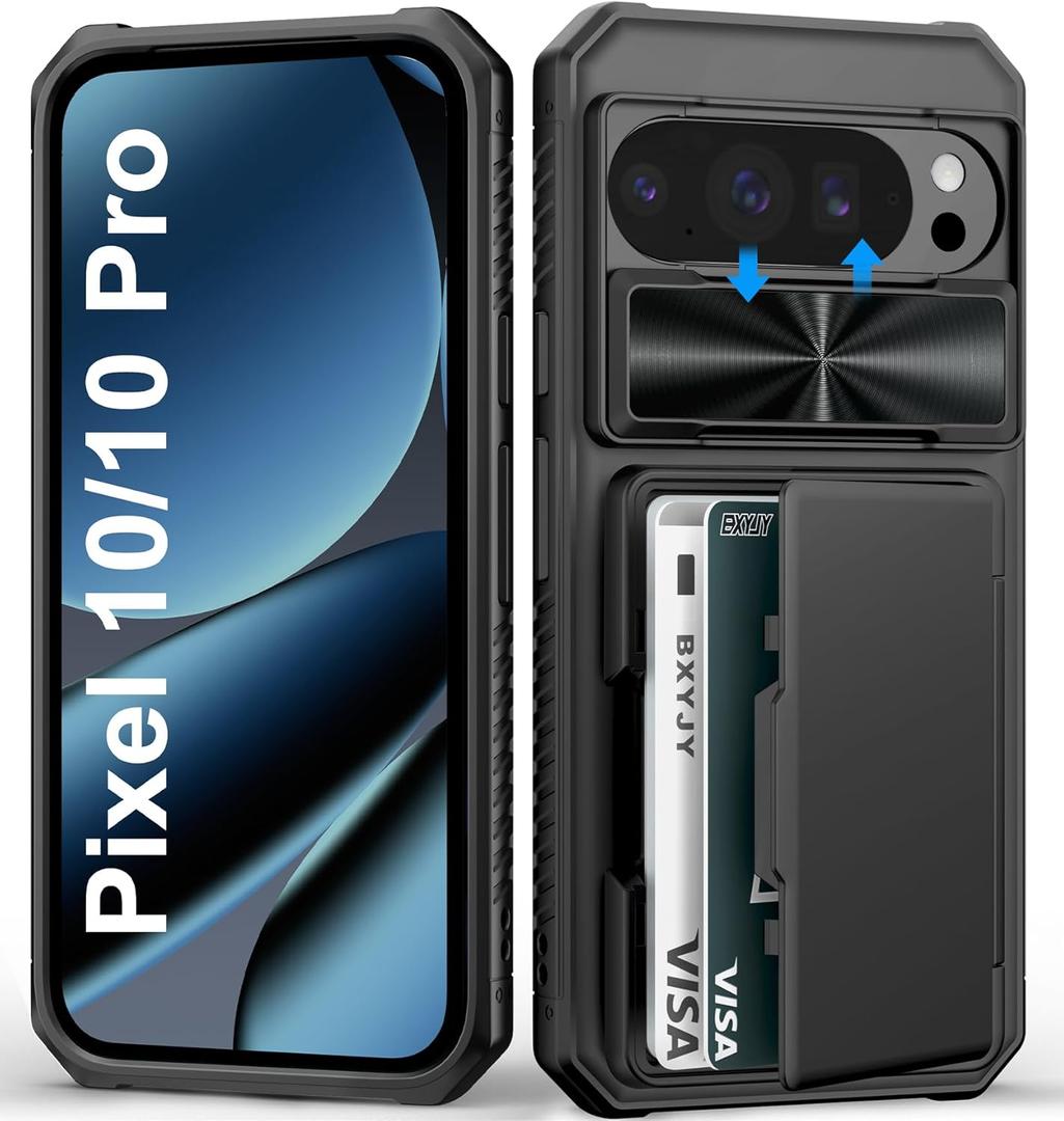 For Google Pixel 10 & 10 Pro Case Wallet, Card Holder (4-5 Cards), Slide Camera Cover, Military Drop Protection, Heavy Duty Shockproof Rugged Men Women Phone Case for Pixel 10 & 10 Pro, Black