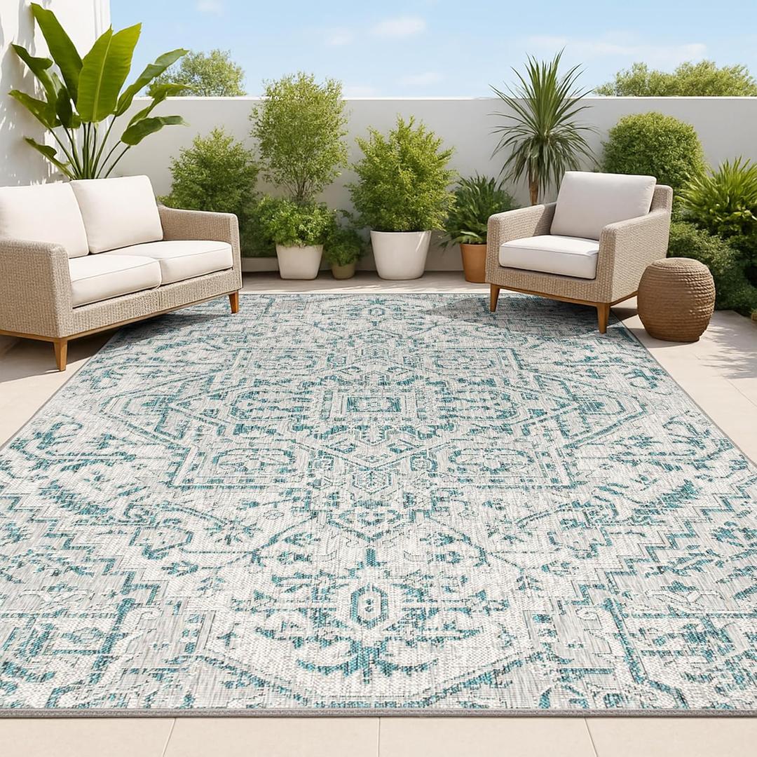 JONATHAN Y Boho Medallion Indoor Outdoor Area Rug 5X8 Teal/Gray, Estrella Textured Weave for Backyard, Patio, Porch, Easy-Cleaning, High Traffic, Pet-Friendly, Non-Shedding (SMB105C-5) (5'3" x 7'7" (Rectangular))