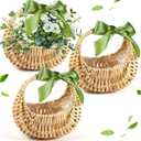Taiyin Rattan Flower Girl Basket Small Half Moon Straw Wicker Basket with Handle Ideal for Wedding Flower Girl,Picnic,Garden Storage and Home Decor (Green Ribbon)